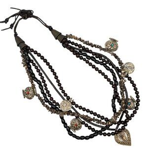 VTG Multi-Strand Ethnic Tribal Boho Bead Necklace with Silver-Tone Medallions